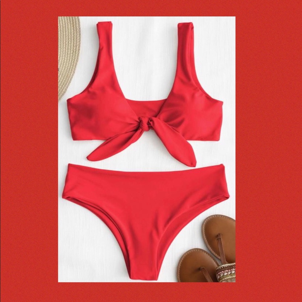 Red adjustable tie front bikini, high-waisted